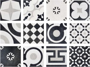 Monocrom Mix Black & White Mixture Of Modern & Traditional Italian Porcelain Tiles Showing Tile Mix In Each Box