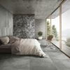 Cast Grey, Antiqued Rustic Grey Metal Effect Porcelain Tile in Industrial Style Bedroom