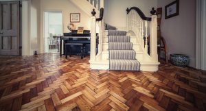 Original herringbone parquet softwood restored entrance floor