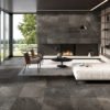 Living Room Wall And Floor Tiling in Terling Black Slate Stone Effect Porcelain Tiles