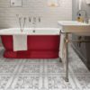 Llanerchaeron Dove Grey Bathroom Floor Tiles with Red Freestanding Bath
