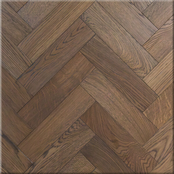 Piltdown carbon brown oak floor in herringbone layout, 80mm x 300mm blocks